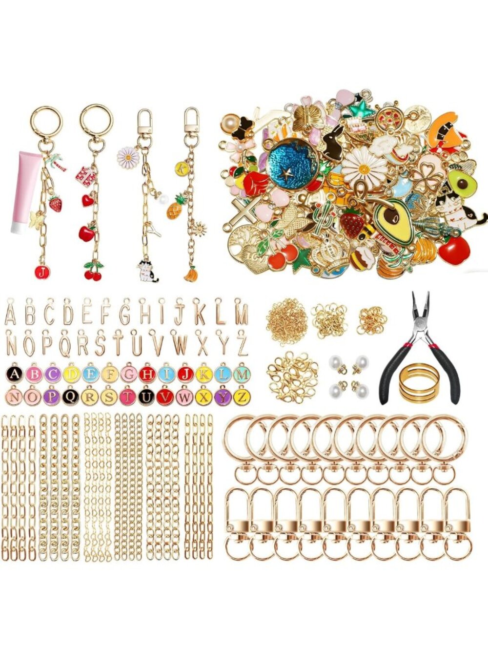 DIY Keychain Making Kit - 24 Charms & Lip Gloss Set for Friendship Jewelry
